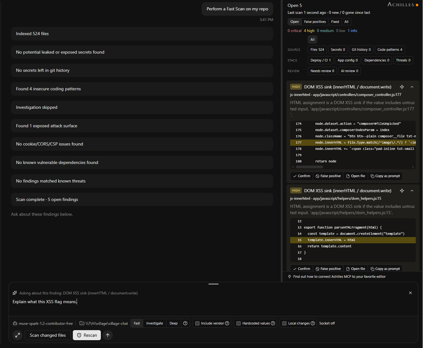 Ask follow-up questions about a finding after the scan